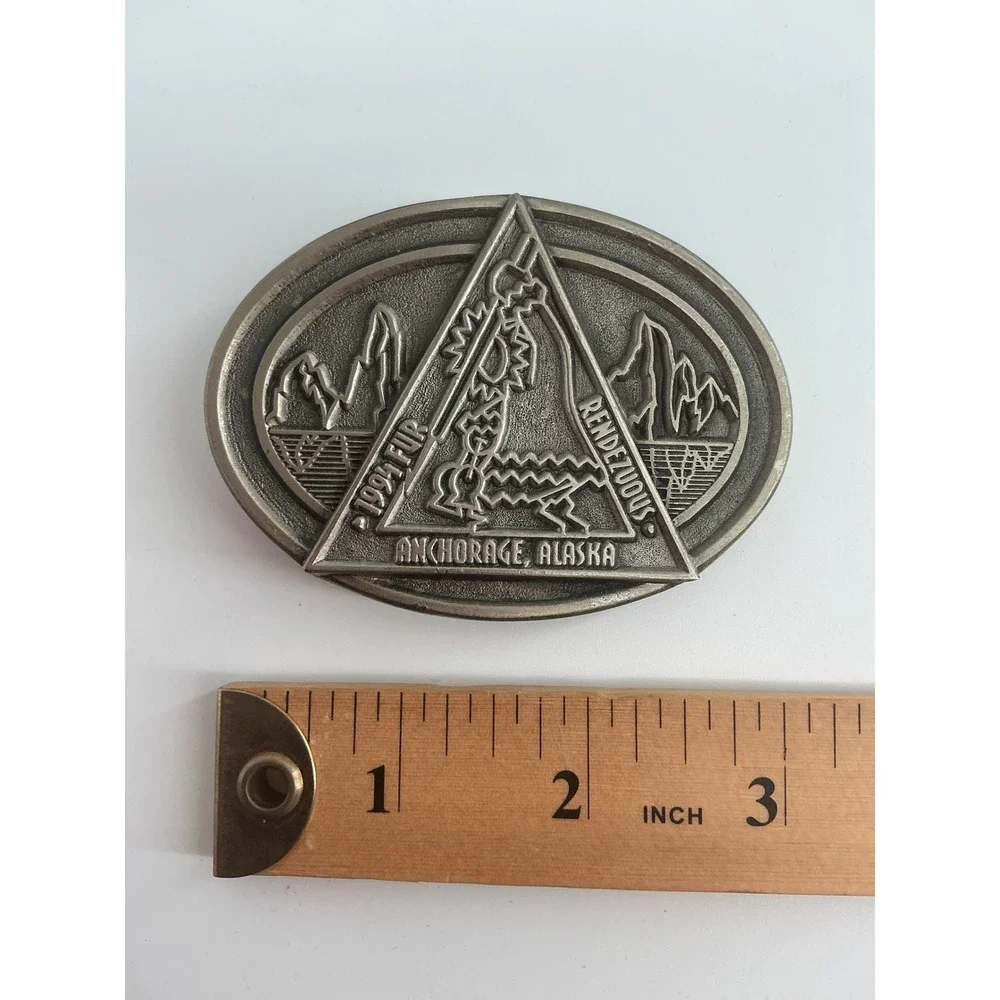 Vintage 1994 Fur Rendezvous Anchorage Alaska Belt Buckle Pewter Tone Made in USA